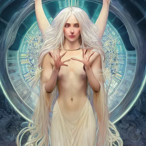 Prompt: goddess, white hair, long hair, hands open for a hug, intricate, elegant, ethereal, highly detailed, digital painting, artstation, concept art, smooth, sharp focus, illustration, art by artgerm and greg rutkowski and alphonse mucha