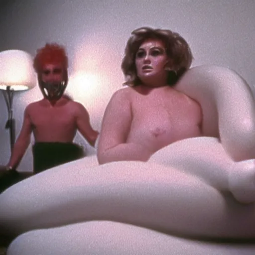 Image similar to still from a 1988 arthouse film about a depressed housewife dressed as a squishy inflatable toy who meets a handsome younger man in a seedy motel room, color film, 16mm soft light, weird art on the wall