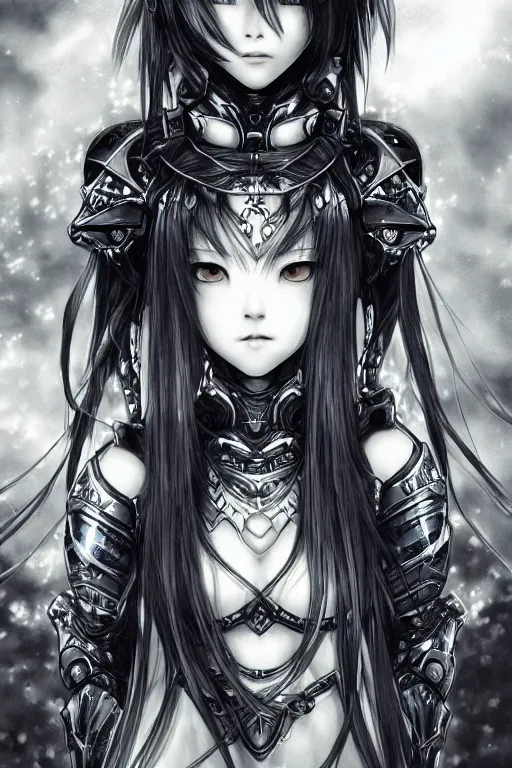 Image similar to a vertical portrait of a character in a scenic environment by Yoshitaka Amano, black and white, dreamy, cybernetic plate armor, wavy long black hair, highly detailed