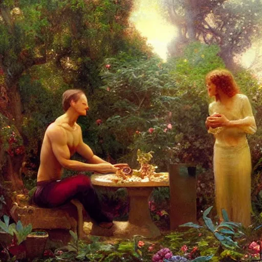 Image similar to isaac newton offering a half eaten apple to steve jobs in the garden of eden, artwork by gaston bussiere, craig mullins, trending on artstation