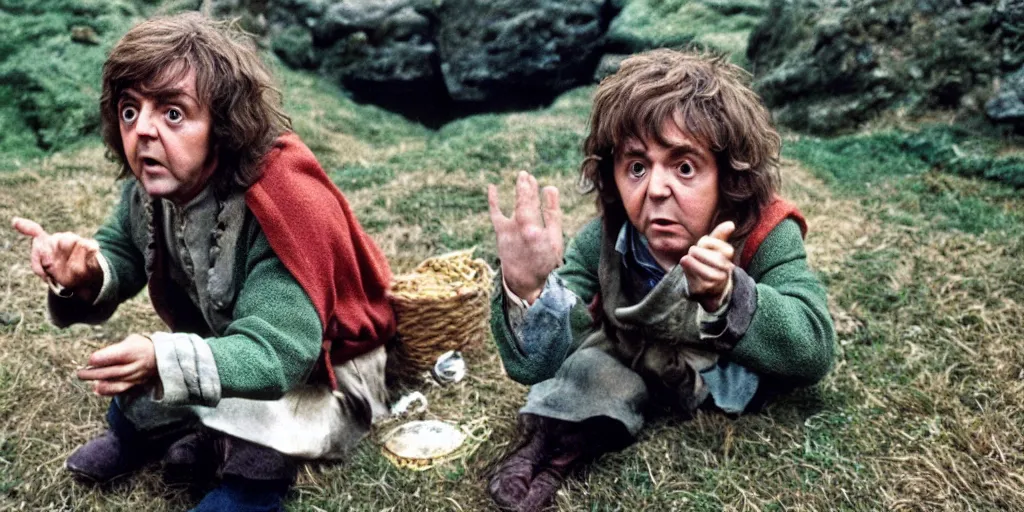 Image similar to A full color still of Paul McCartney dressed as a hobbit, holding his palm up, directed by Stanley Kubrick, 35mm, 1970