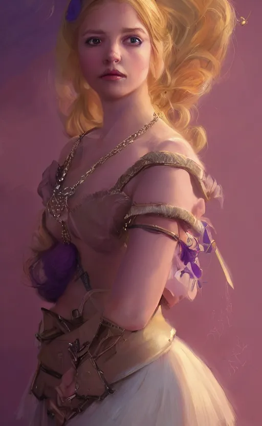 Image similar to portrait of a princess with a purple dress, blonde hair and bangs, side pigtail, necklace space with a big moustache, concept art, moustache, fantasy, highly detailed, cinematic lighting, digital painting by greg rutkowski