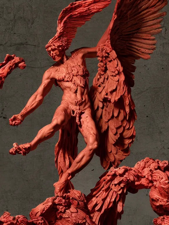 Prompt: a falling man with many colourfull birds in the form of a wax liquid Greek sculpture Winged Victory of Samothrace. Gates of Hell by Auguste Rodin. bubbling red wax, super hero pose, skull, flowers, baroque. intricate. Trending on artstation. octane render, cinematic, hyper realism, octane render, 8k, depth of field, bokeh. iridescent accents. vibrant. teal and gold and red colour scheme