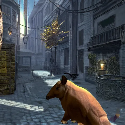 Prompt: A screenshot of a tapir in Thief 2: The Metal Age.