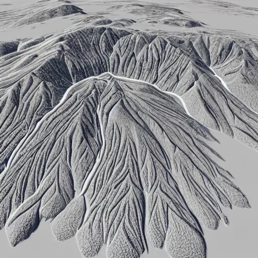 Image similar to contour map of a scottish mountain, 3 d, furnished with trees, snow patches, rivers, realistic