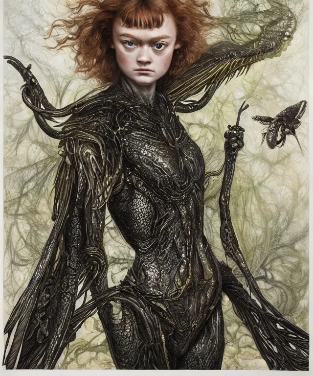 Prompt: a portrait photograph of a fierce sadie sink as a strong alien harpy queen with amphibian skin. she is dressed in a glowing and black lace shiny metal slimy organic membrane vest and transforming into an evil insectoid snake bird. by donato giancola, walton ford, ernst haeckel, peter mohrbacher, hr giger. 8 k, cgsociety