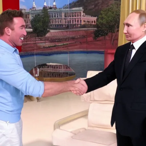 Prompt: putin shaking hands with billy herrington, political tv programme