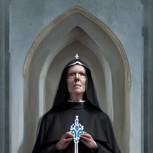 Image similar to an old nun, bishop, symmetric face, hyperrealism, epic fantasy digital art, fantasy style art, by Greg Rutkowski, fantasy magic the gathering card art style