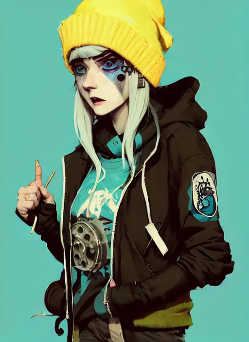 Image similar to highly detailed portrait of a sewerpunk lady student, blue eyes, tartan hoody, hat, white hair by atey ghailan, by greg rutkowski, by greg tocchini, by james gilleard, by joe fenton, by kaethe butcher, gradient yellow, black, brown and cyan color scheme, grunge aesthetic!!! ( ( graffiti tag wall background ) )