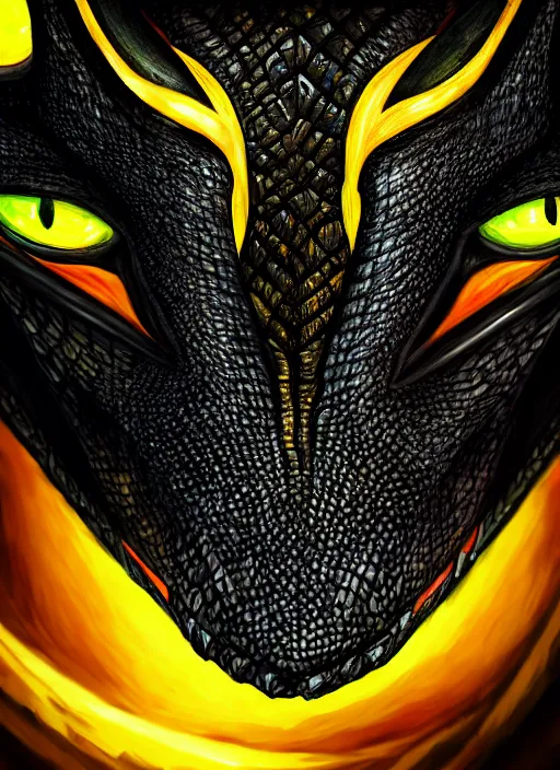 Image similar to closeup portrait of black dragon head with yellow eyes, ultra realistic, fantasy, magic, dnd,