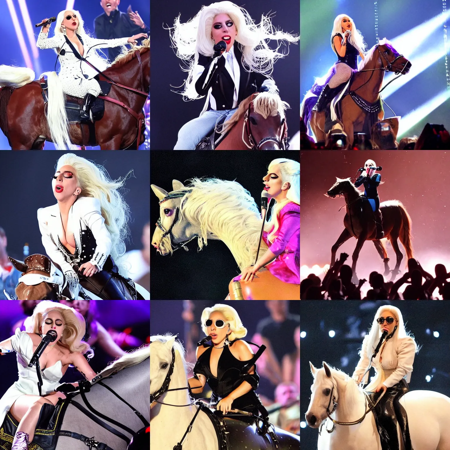 Prompt: Lady Gaga singing while riding a horse. Concert. Realistic.