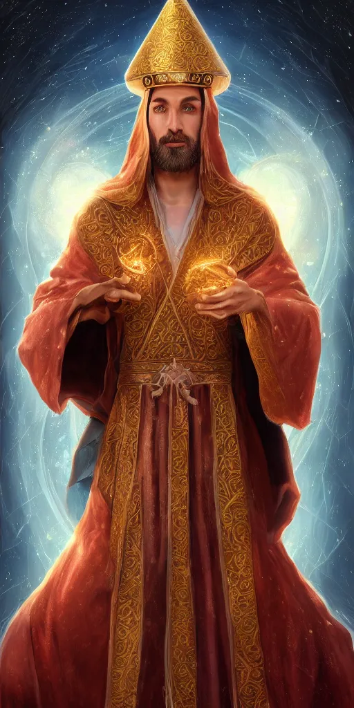 Image similar to adult wizard wearing a byzantine hat and a robe with star and moon pattern, handsome face, focus eyes, hyperrealistic, large star crystals, symmetry, ultra realistic soft painting, full body, fantasy, intricate, elegant, highly detailed, digital painting, artstation, concept art, matte, illustration, 8 k