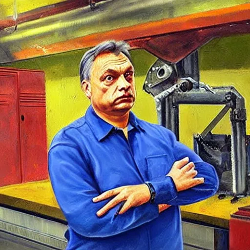 Image similar to viktor orban in a metal workshop, oil painting