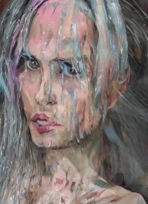 Image similar to Cara Delevigne, white hair, magenta shirt, gentle smile, beautiful detailed eyes, dirty, fantasy, intricate, rough, highly detailed, digital painting, 4k, HDR, concept art, detailed jewelry, smooth, sharp focus, illustration, art by Artgerm, H R Giger and Alphonse Mucha