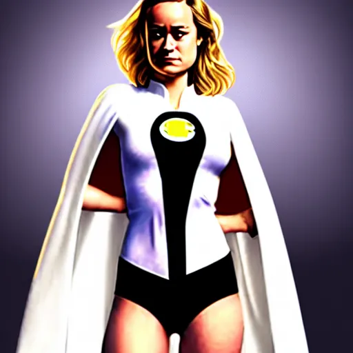 Image similar to brie larson as dc comics'' power girl ', full body with white leotard costume and cape and chest keyhole, pinup photo, 4 k