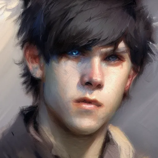 Prompt: A handsome, cute emo guy, close-up portrait by Gaston Bussiere, Craig Mullins, trending on artstation, artstationHD, artstationHQ, artstation digital artwork