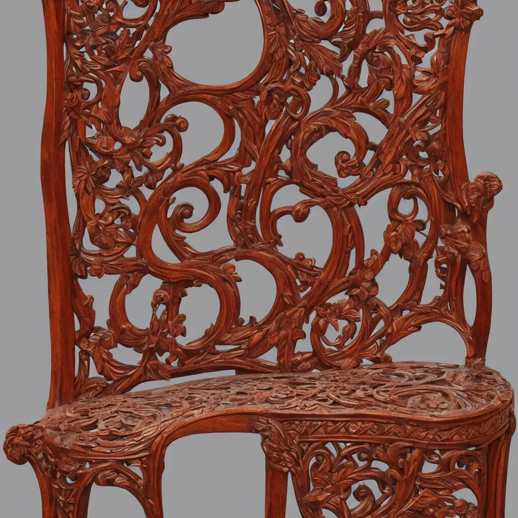 Prompt: a 3 d wooden mahogany art nouveau carved sculptural chair with a delicate multi - layer tracery pattern, intricate and highly detailed, well - lit, ornate, realistic, polished with visible wood grain