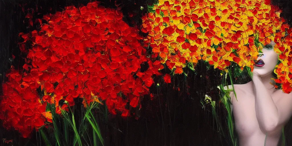 Image similar to retro painting of surreal waiim flowers, by taras loboda, highly detailed, hyperrealism, excellent composition, cinematic concept art, dramatic lighting, trending on artstation