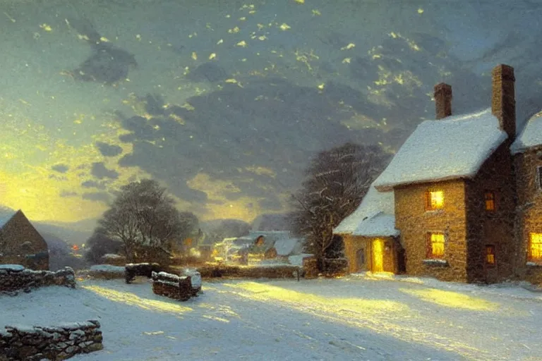 Prompt: an english two - story stone house in winter snow, farmland, hills, 1 8 5 9, soft lighting from windows, by thomas kinkade