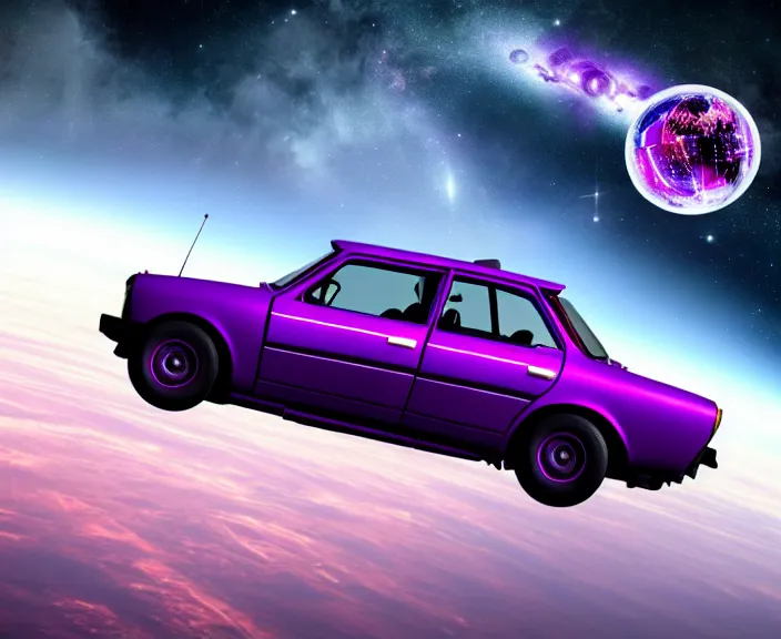 Image similar to purple lada 2 1 0 9 in space in orbit of the planet earth, lada 2 1 0 9 looks like a spaceship, hyper detailed, hight detailed, futuristic, ultra realistic, no blur, 8 k