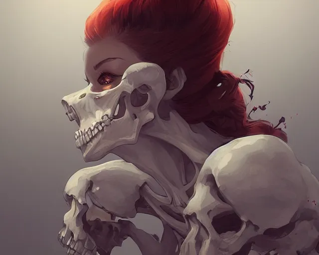 Image similar to young woman fighting a skeleton elegant, sharp focus, illustration, highly detailed, concept art, matte, trending on artstation, anime, art by james jean and artgerm and brian despain and alberto mielgo, greg rutkowski, wlop, ilya kuvshinov, strong strokes