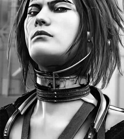 Image similar to detailed realistic female character cyberpunk wearing thick steel collar around neck, realistic, art, beautiful, 4K, collar, choker, collar around neck, punk, artstation, detailed, female, woman, choker, cyberpunk, neon, punk, collar, choker, collar around neck, thick collar, choker around neck,