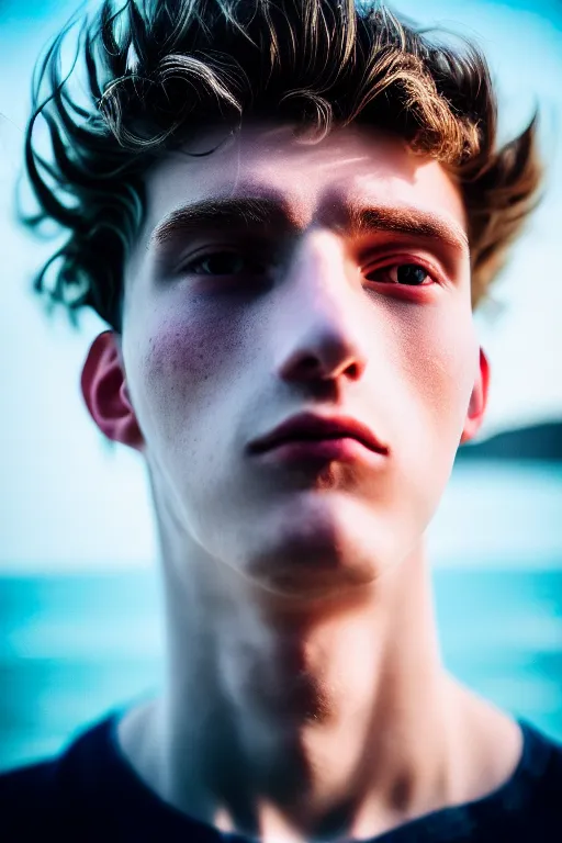 Image similar to high quality pastel coloured film mid angle selfie photograph of a beautiful young 2 0 year old male, soft features, black hair, standing in an icelandic black rock environment. atmospheric. three point light. photographic. art directed. ( pastel colours ). volumetric light. stark. waves glitch. 8 k. filmic.