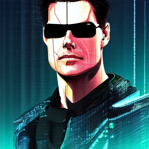 Prompt: cyberpunk tom cruise, sharp lines, digital, artstation, colored in