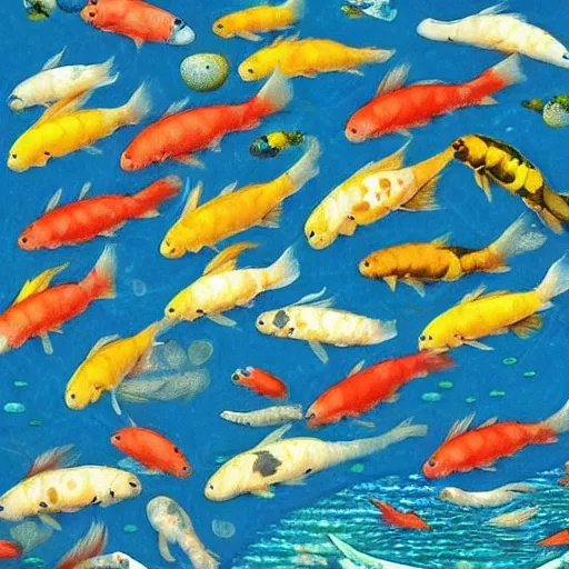 Image similar to dozens of the koi fish swimming in the huge pool of cosmos by the Ori Toor