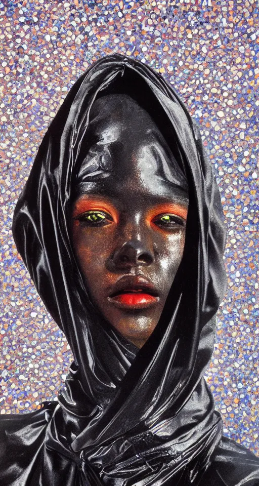 Prompt: hyperrealism oil painting, extreme close-up portrait of black nun fashion model, close up melted cyborg, ocean pattern mixed with star sky, in style of classicism mixed with 70s japan book art