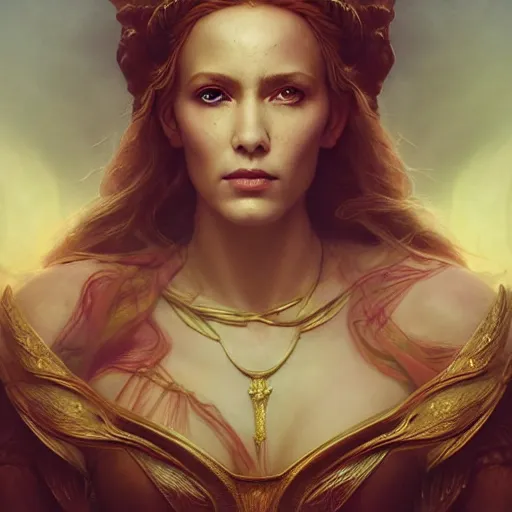 Image similar to majestic gracious regal seductive deity mater theia portrait, ancient greece, atmospheric lighting, painted, intricate, volumetric lighting, beautiful, rich deep colours masterpiece, golden hour, sharp focus, ultra detailed, by leesha hannigan, ross tran, thierry doizon, kai carpenter, ignacio fernandez rios
