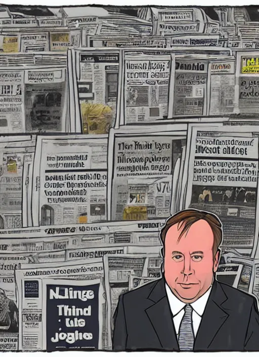 Image similar to sad alex jones surrounded by newspapers in a dark murky room, highdetailed illustration