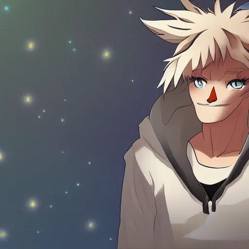 Prompt: key anime visual portrait of a handsome male anthro wolf furry fursona with beautiful eyes, wearing a hoodie, official modern animation