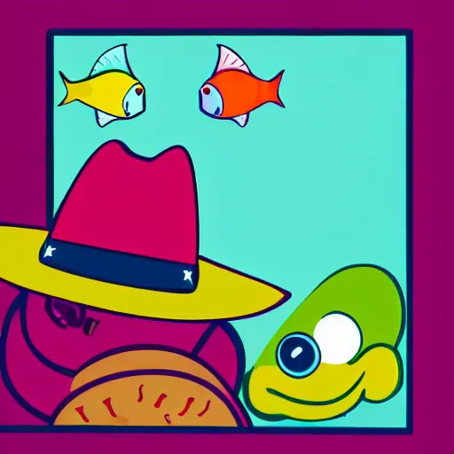 Prompt: happy fish wearing a cowboy hat, sideways, vector, plain background