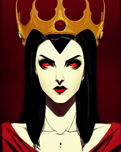 Image similar to beautiful vampire queen with crown, symmetrical face, evil, portrait, cinematic, dramatic, powerful, super detailed and intricate, by koson ohara, by darwyn cooke, by greg rutkowski, by satoshi kon