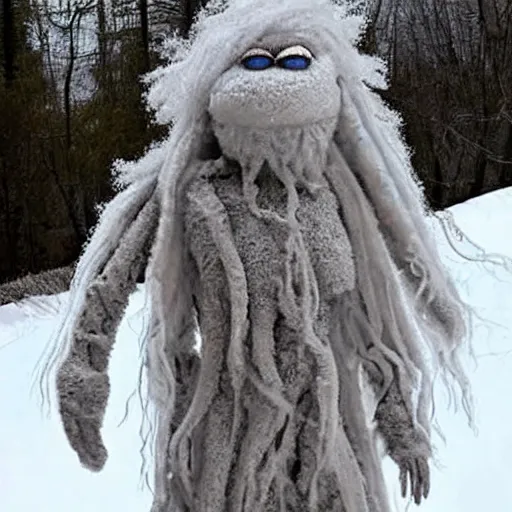 Prompt: a fluffy humanoid ethereal ghost like live action muppet wraith like figure with a squid like parasite taking over its head and four long tentacles for arms that flow gracefully at its sides like a cloak while it floats around a frozen rocky lake in the middle of the frozen woods searching for lost souls and that hides amongst the shadows in the trees, this character can control the ice and snow and has mastery of the shadows, it is known as the bringer of nightmares and the conqueror of the endless night terrors and staring too long can cause paralysis, it is a real muppet by sesame street surrounded by lost muppet souls, photo realistic, real, realistic, felt, stopmotion, photography, sesame street
