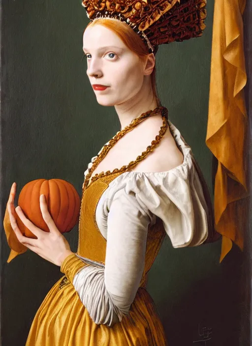 Image similar to portrait of young woman in renaissance dress and renaissance headdress, style by the fifth element