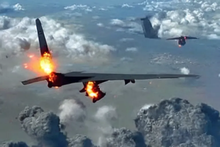 Prompt: gigachad getting nuked by a plane, ac 1 3 0 footage, government released footage