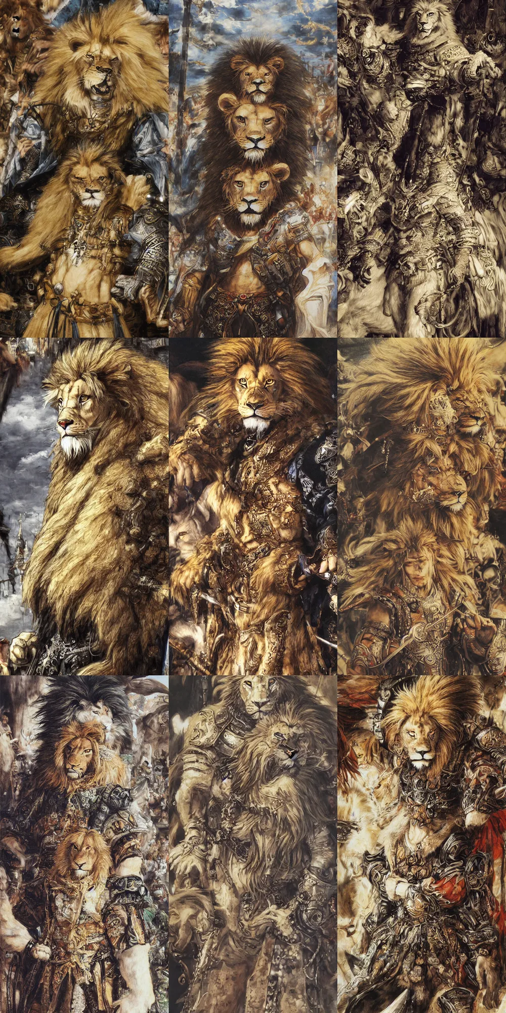 Image similar to 8 k yoshitaka amano painting of upper body of a young cool looking lion beastman with white mane at a medieval market at windy day. depth of field. he is wearing complex fantasy clothing. he has huge paws. renaissance style lighting.