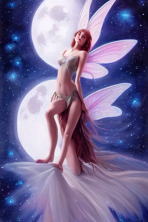 Image similar to attractive fairy magically floating high in the night, fantasy, full moon in background. highly detailed painting by artgerm, mid shot, 8 k