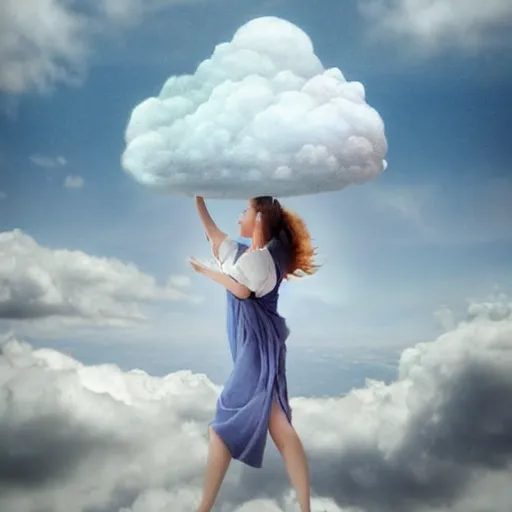 Image similar to goddess wearing a cloud fashion on the clouds, photoshop, colossal, creative, giant, digital art, photo manipulation, clouds, covered in clouds, girl clouds, on clouds, covered by clouds, a plane flying on the sky, digital painting, artstation