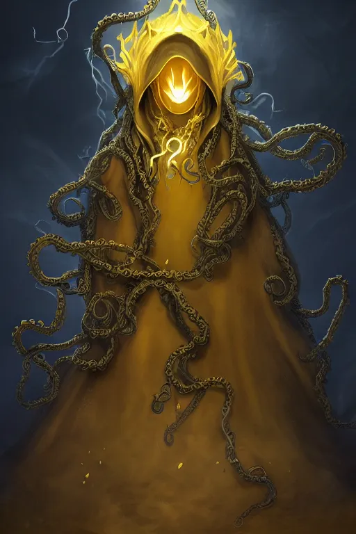 Image similar to A full body portrait of a mysterious character with no face with a very long hooded yellow cloak, a golden crown floating above his head, tentacles coming out the ground art by Jason Chan, ominous, cosmic horror, trending on artstation, Ultra detailed, hyper realistic 4k