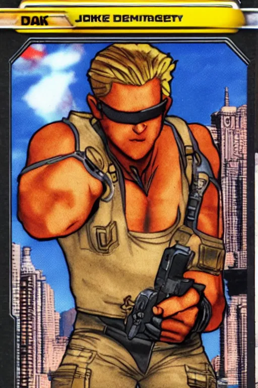 Image similar to Duke Nukem, Pokemon card of Duke Nukem, highly detailed trading card screenshot