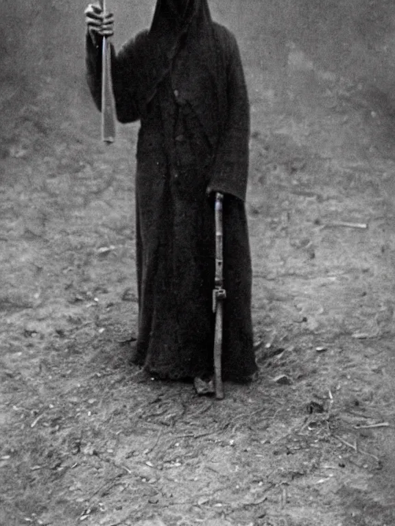 Image similar to portrait of faceless grim reaper, ww1 photo, grainy, high detail, high resolution,