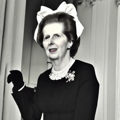 Image similar to Margaret Thatcher with cat ears and a maid outfit