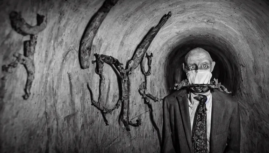 Image similar to 50s movie still close-up portrait of a skinny old male with a taxidermic mask and bones clothes in a liminal space style tunnel, early black and white 8mm, heavy grain, low quality,