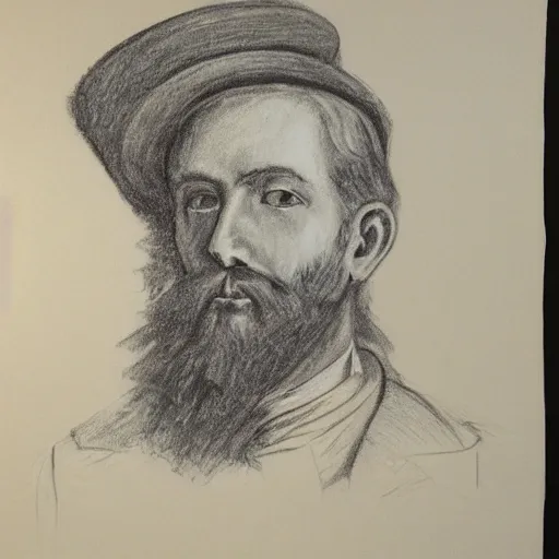 Prompt: charcoal portrait of an early 20th century old austrian gentleman, hat, beard