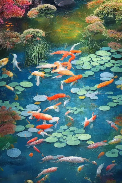 Image similar to nenufar in a pond surrounded by koi carp, colorful, blue backgroung,clean, joyful, intricate, elegant, volumetric lighting, scenery, digital painting, highly detailed, artstation, sharp focus, illustration, concept art, ruan jia, steve mccurry