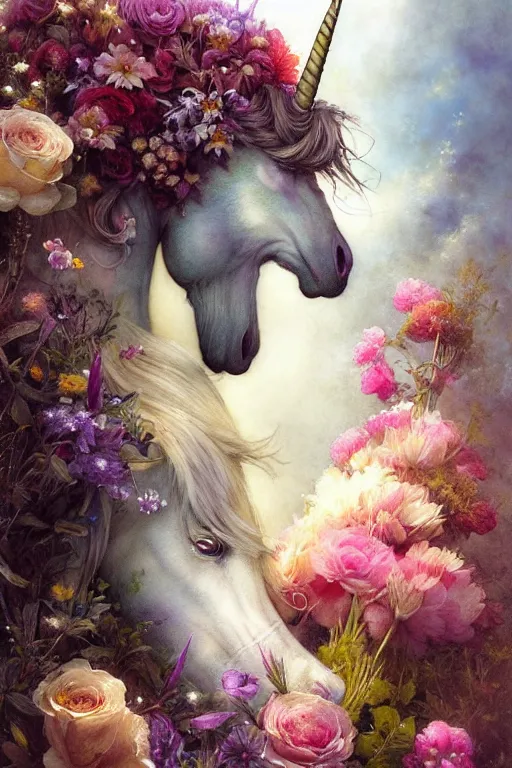 Prompt: a unicorn surrounded by beutiful flowers | esoteric symbolism | jean - baptiste monge, esao andrews, bastien lecouffe - deharme, tim jacobus, ken currie | ultra - detailed realism, soft cinematic lighting, hi - fructose, artstation, high - quality, ink watercolors wes anderson poster art