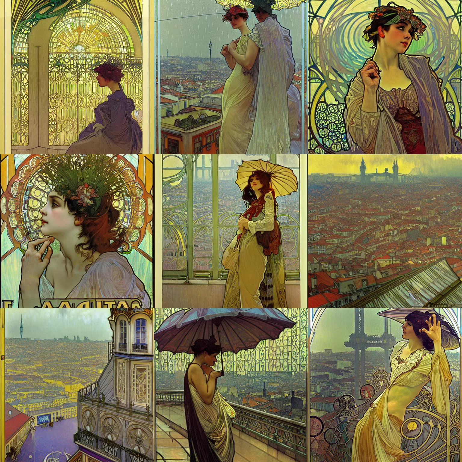 Prompt: The Raining City of Lisbon, photorealism art nouveau, alphonse mucha